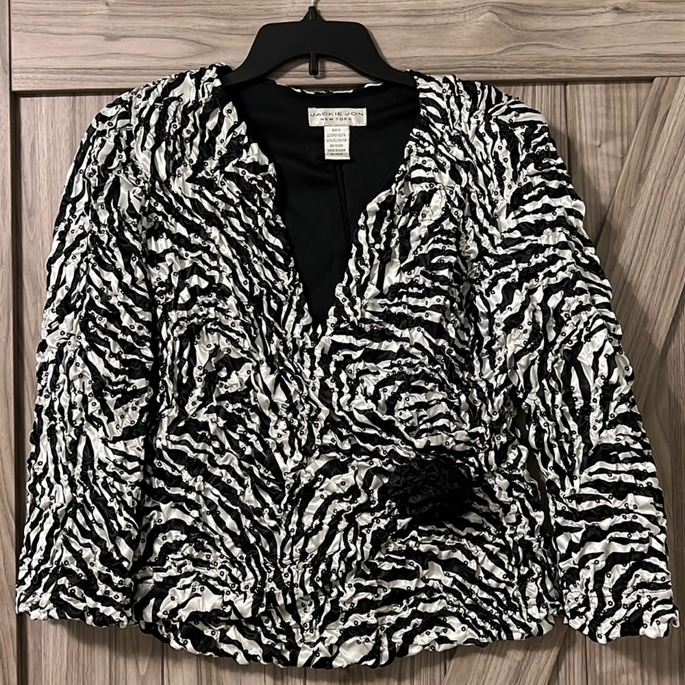 JACKIE JON NEW YORK Satin Sequined Zebra Print Evening Blouse Sz M